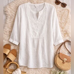 J. Jill Size Medium 100% Linen White Embroidered Split-Neck Tunic Top